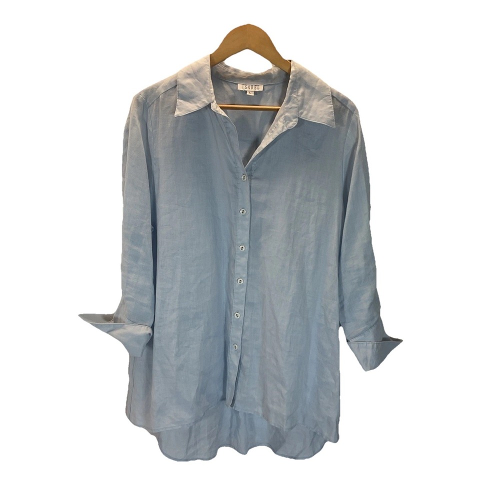 ISABEL‎ 100% Linen Sz L  Womens Long Tunic Shirt Button Long Sleeve sky blue